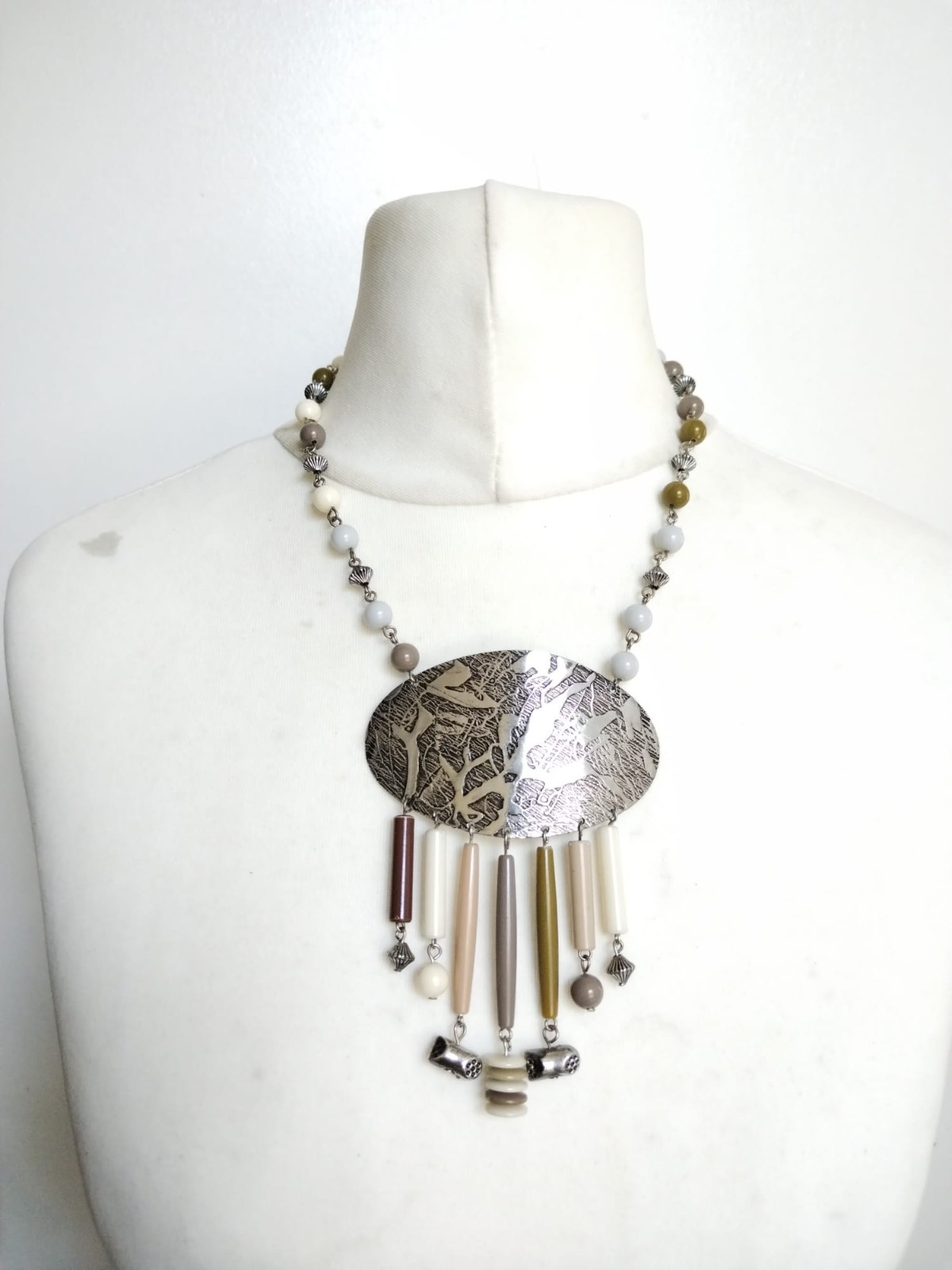 Ethnic Necklace Natural Colours ,hammered Oval Silver Toned Metal, Fringe Beads