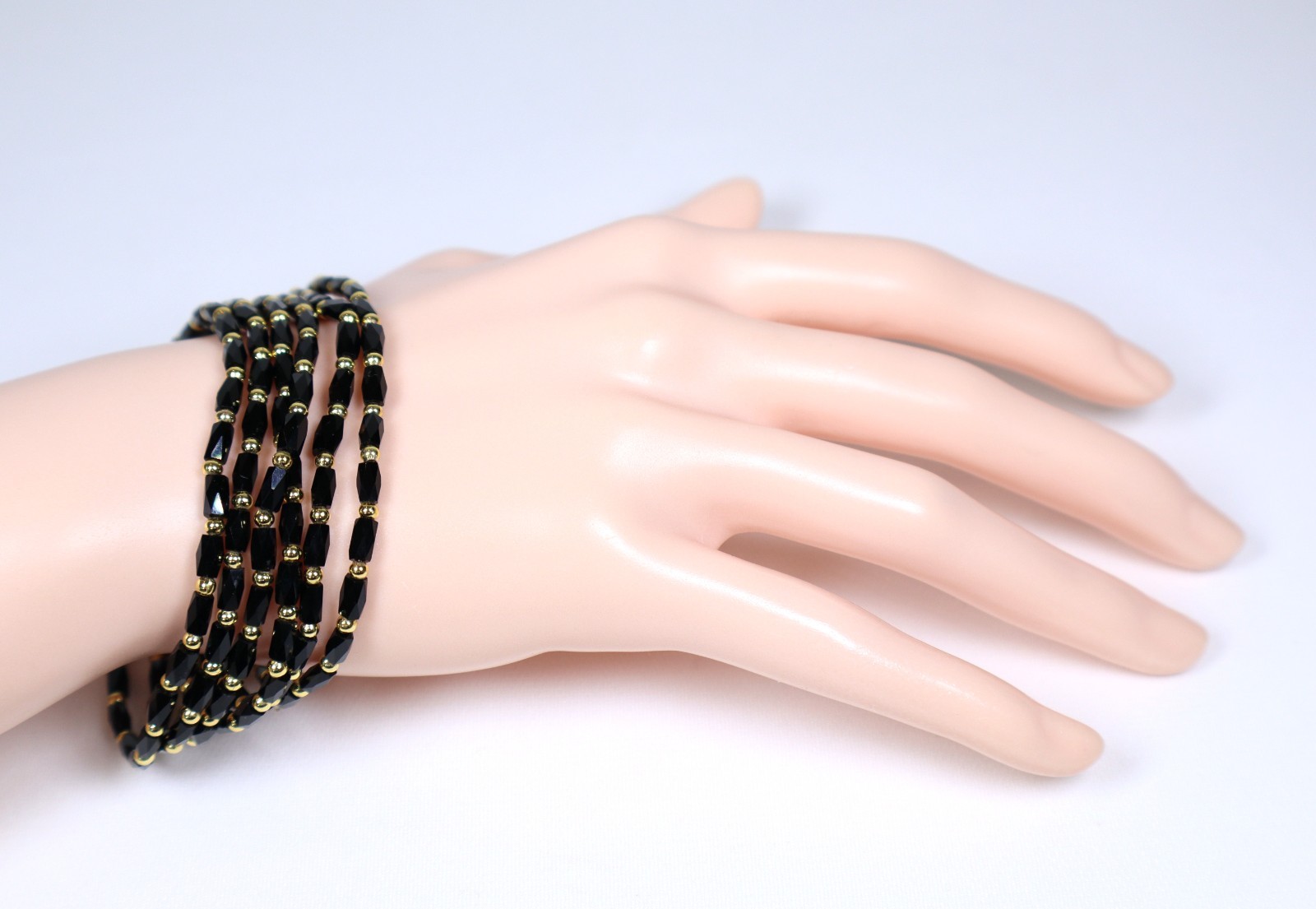 Stretchy Stackable Elastic Beaded Bracelets Faceted Black Gold Beads 6.5″ Length