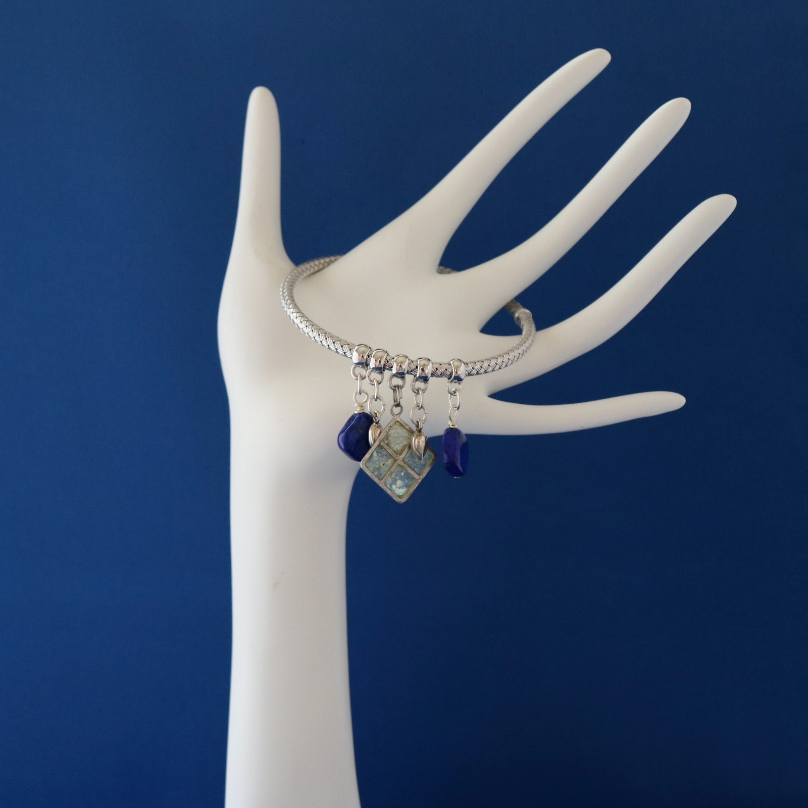 Ancient Roman Glass and Lapis Lazuli Silver Bangle Bracelet