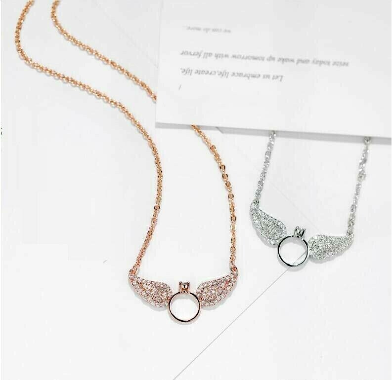 Angel Wing Ring Rose Gold/Silver SP Pave Cubic Zirconia Pendant Chain Necklace