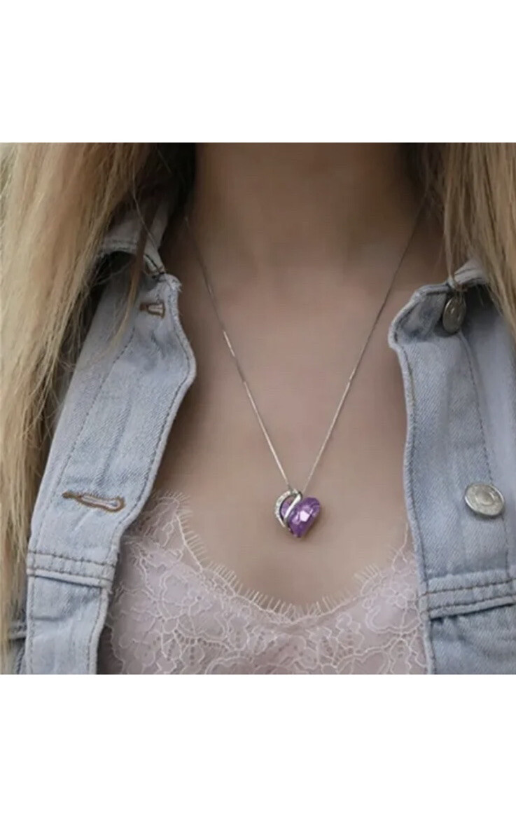Women Birthstone Heart Silver Necklace Love Crystal Pendant Lady Fashion Gift