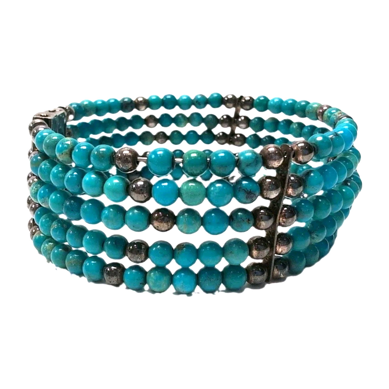 Sterling Silver .925 Turquoise Beaded Multi-Strand Magnetic Cuff Bracelet 30g