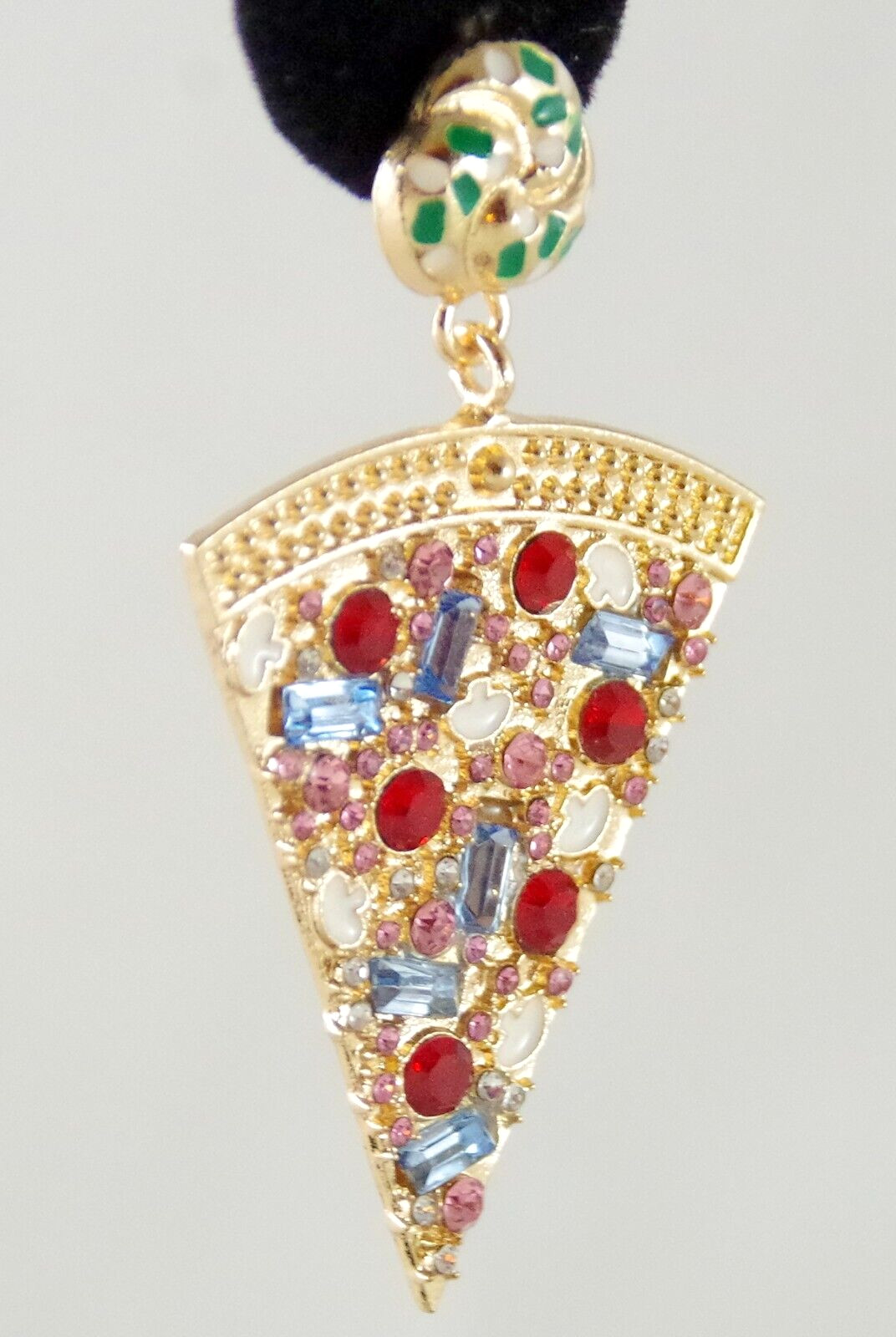 2.25″ BETSEY JOHNSON PIZZA SLICE CRYSTAL RHINESTONE/ ENAMEL DROP DANGLE EARRINGS