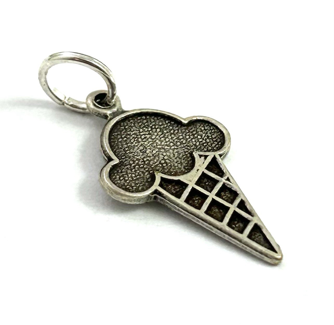 Ice Cream Cone Charm Dessert Pendant Novelty Antiqued Silver Plated Brass
