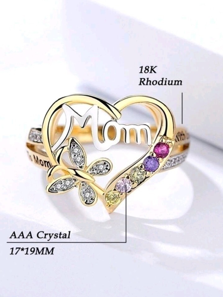 Gold-Plated Zinc Heart-Shaped MOM Ring Butterfly Multi-Color Stones Ring Size 6