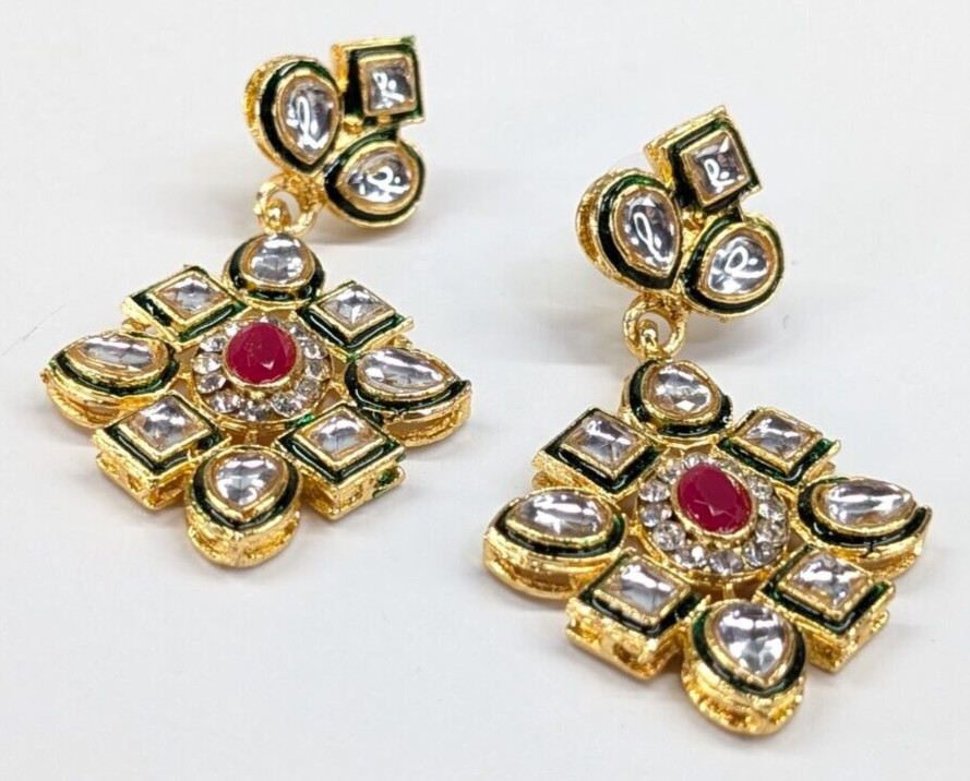 Bollywood India Wedding Gold Tone Clear Pink Rhinestone Pierced Earrings Chunky