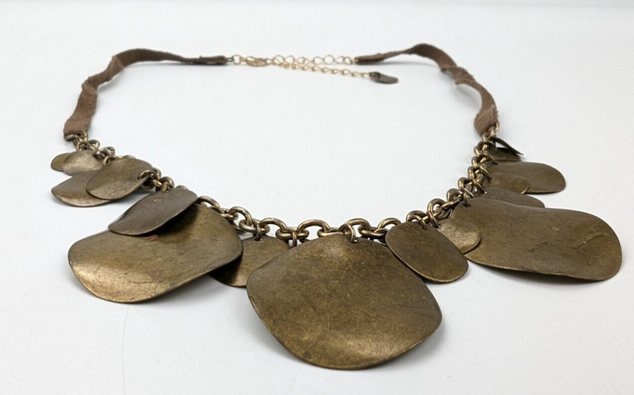 Hammered Brass Multi Size Disc Pendants Faux Leather Adjustable Collar Necklace