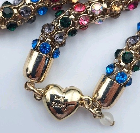 NWOT BETSEY JOHNSON Signed Funfetti Mesh Rainbow Crystals GoldTone Rope Necklace