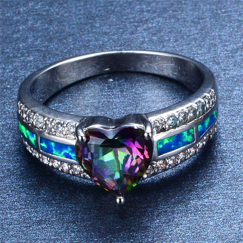 Hawaiian Blue Opal Heart Shaped Rings Sliver Fire Opal Rings For Women Girls