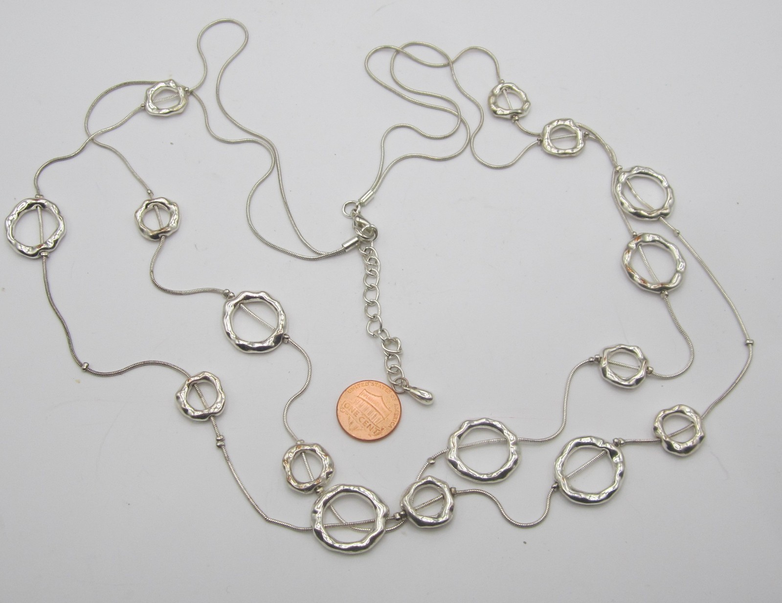 Open Circular Silver Tone Links Double Strand Necklace 30+ in.