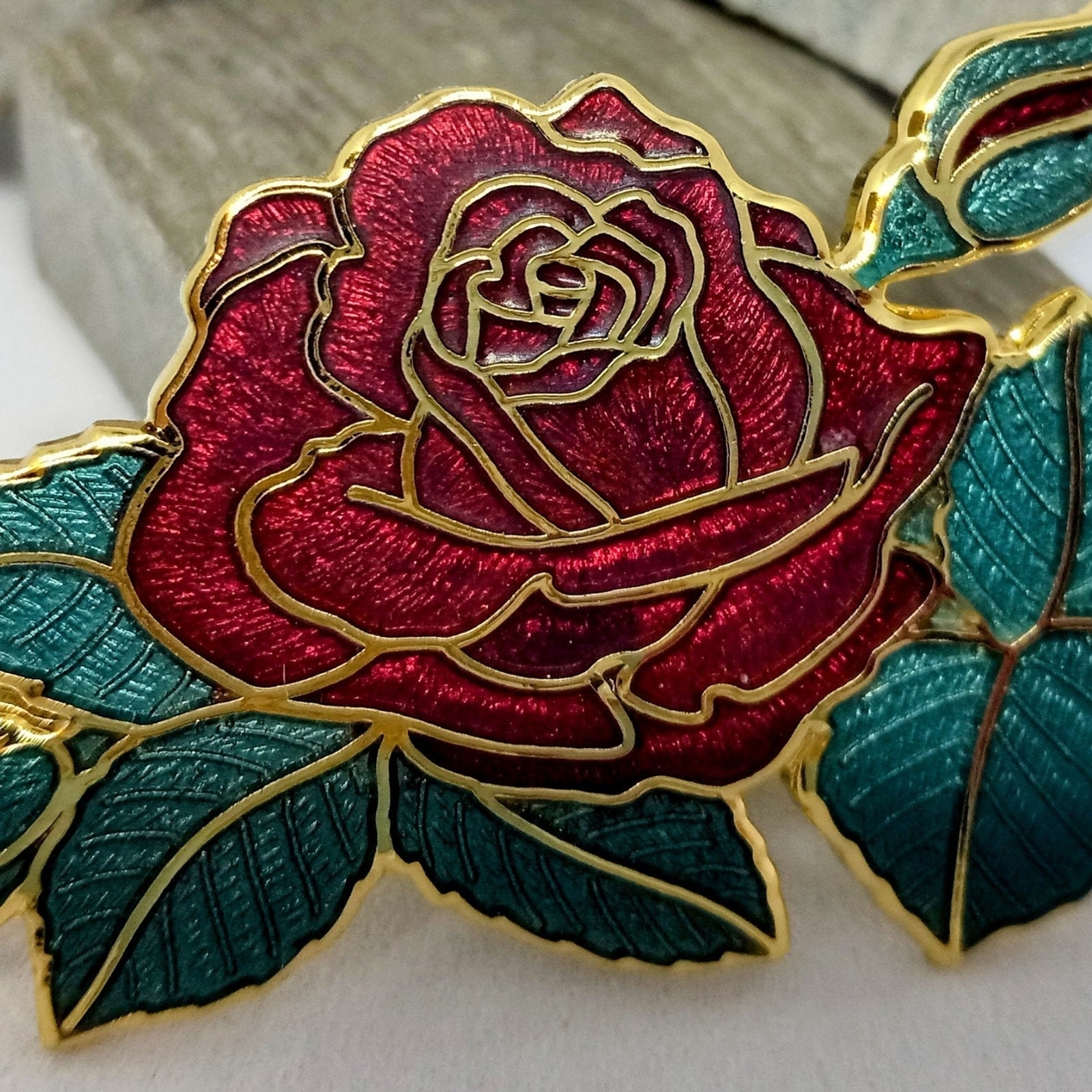 Vintage Cloisonné Enamel Red Rose Brooch-Signed-Floral-Cottagecore-Retro