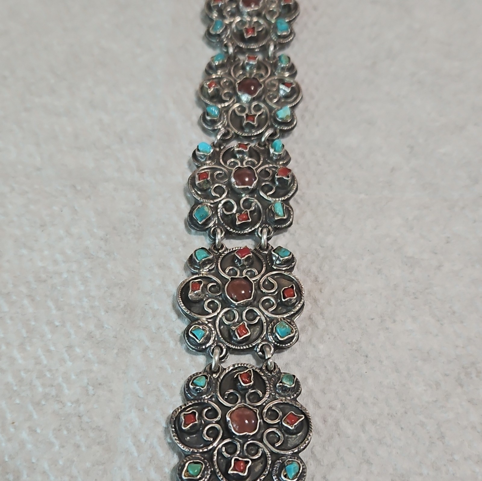 925 Sterling Silver Floral Flower Link Bracelet Red Blue (Turquoise)