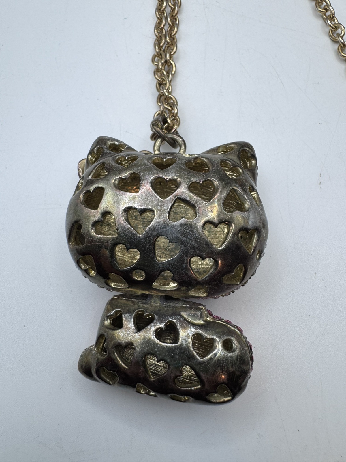 Gold Tone Long Necklace Whit Rhinestone Hello Kitty Pendant 35” Long