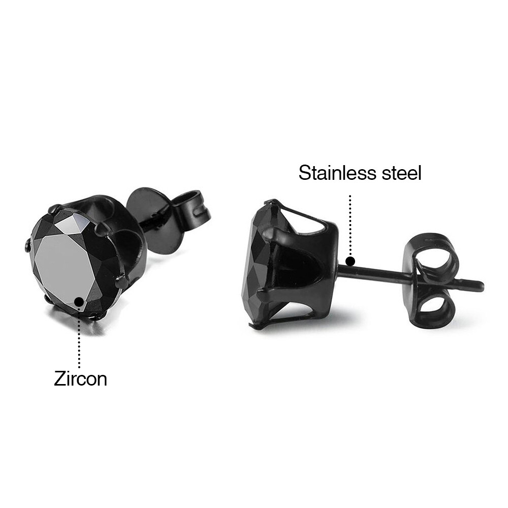Mens Women Stainless Steel Black Round Cubic Zirconia Ear Studs Earrings 3mm-8mm