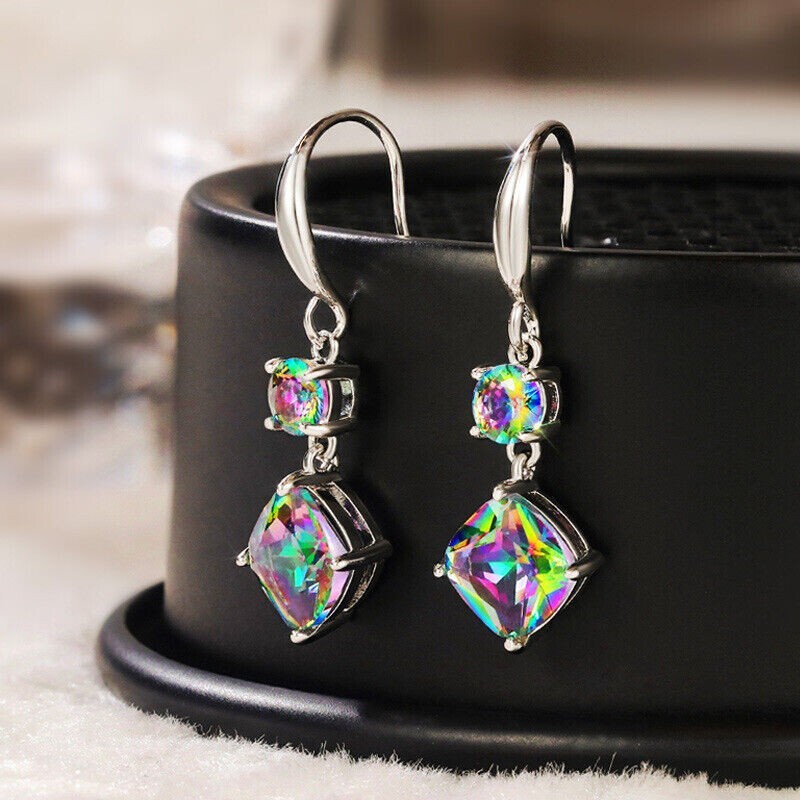 Elegant Handmade Rainbow Mystical Fire Topaz 925 Sterling Silver Hook Earrings