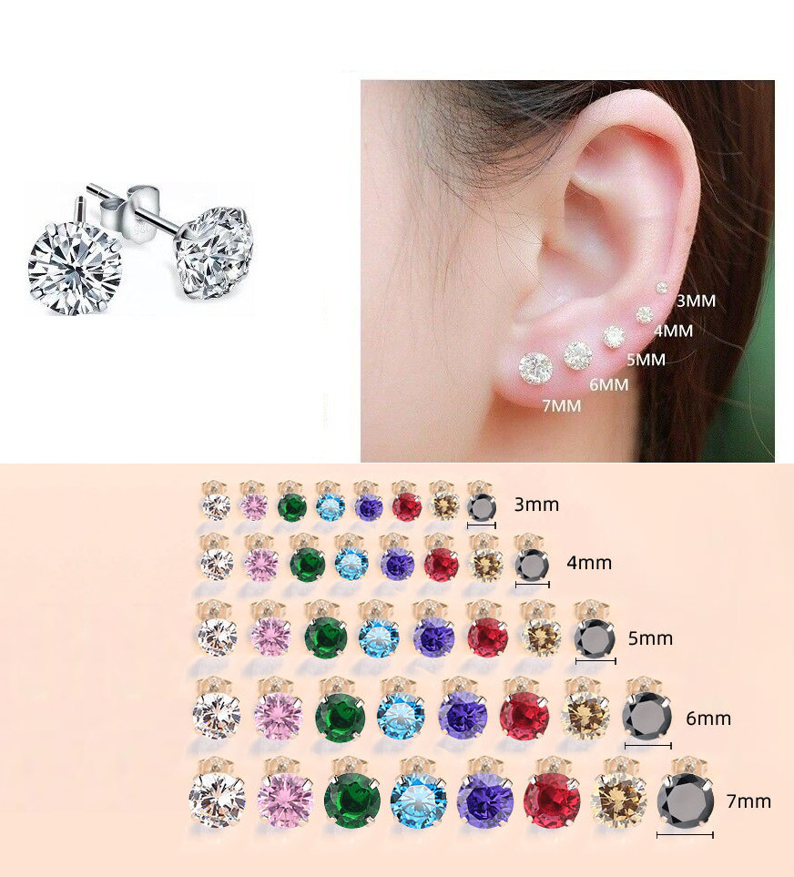 GENUINE SOLID 925 STERLING SILVER CUBIC ZIRCONIA STUD EARRINGS 2-8mm WOMEN PE24