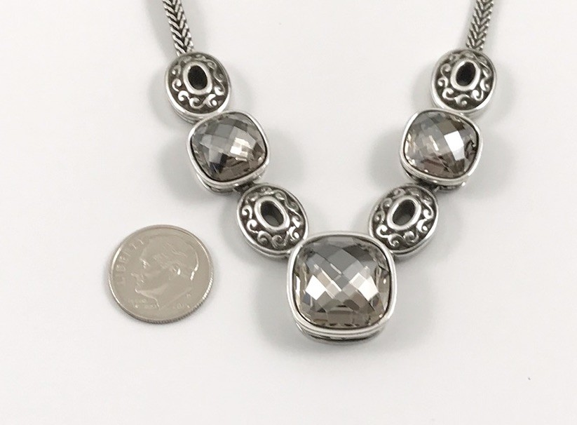 Brighton Venus Rising Silver Smokey Crystals Flat Chain Necklace 17 In. #405