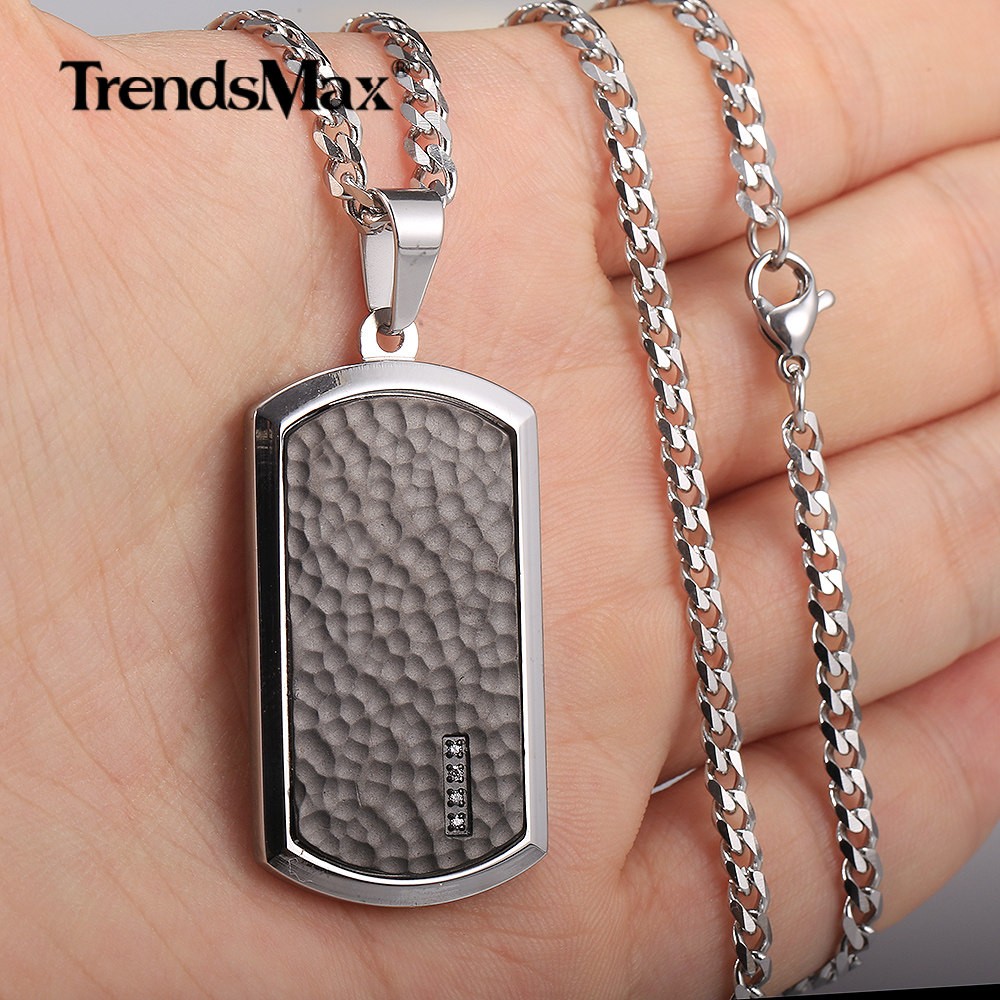 Stainless Steel Dog Tag Pendant Necklace 18-30″ Silver Curb Chain Clear CZ Charm