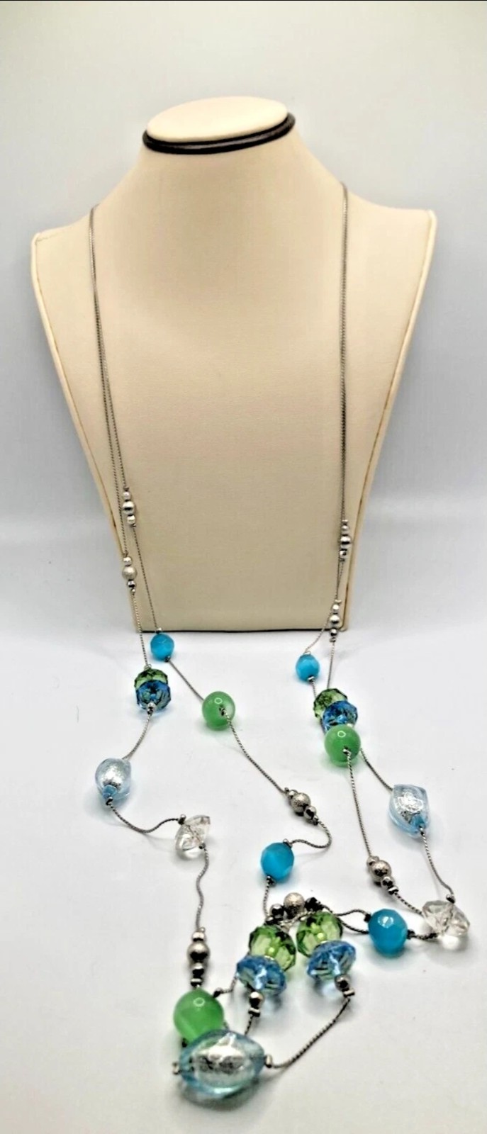 NY long double strand station necklace translucent blue acrylic beads 18″-20.5″