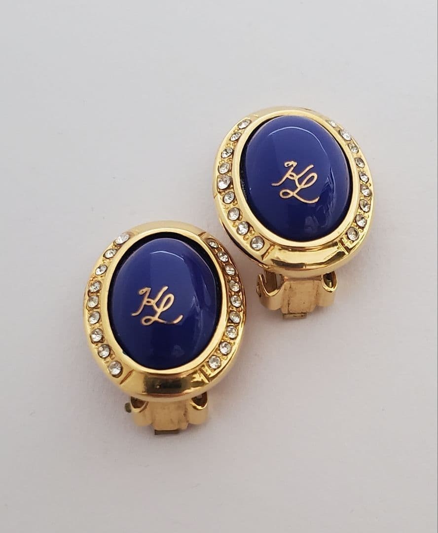 Vintage Karl Lagerfeld Blue Cabochon cut Gold Tone Oval Clip-On Earrings