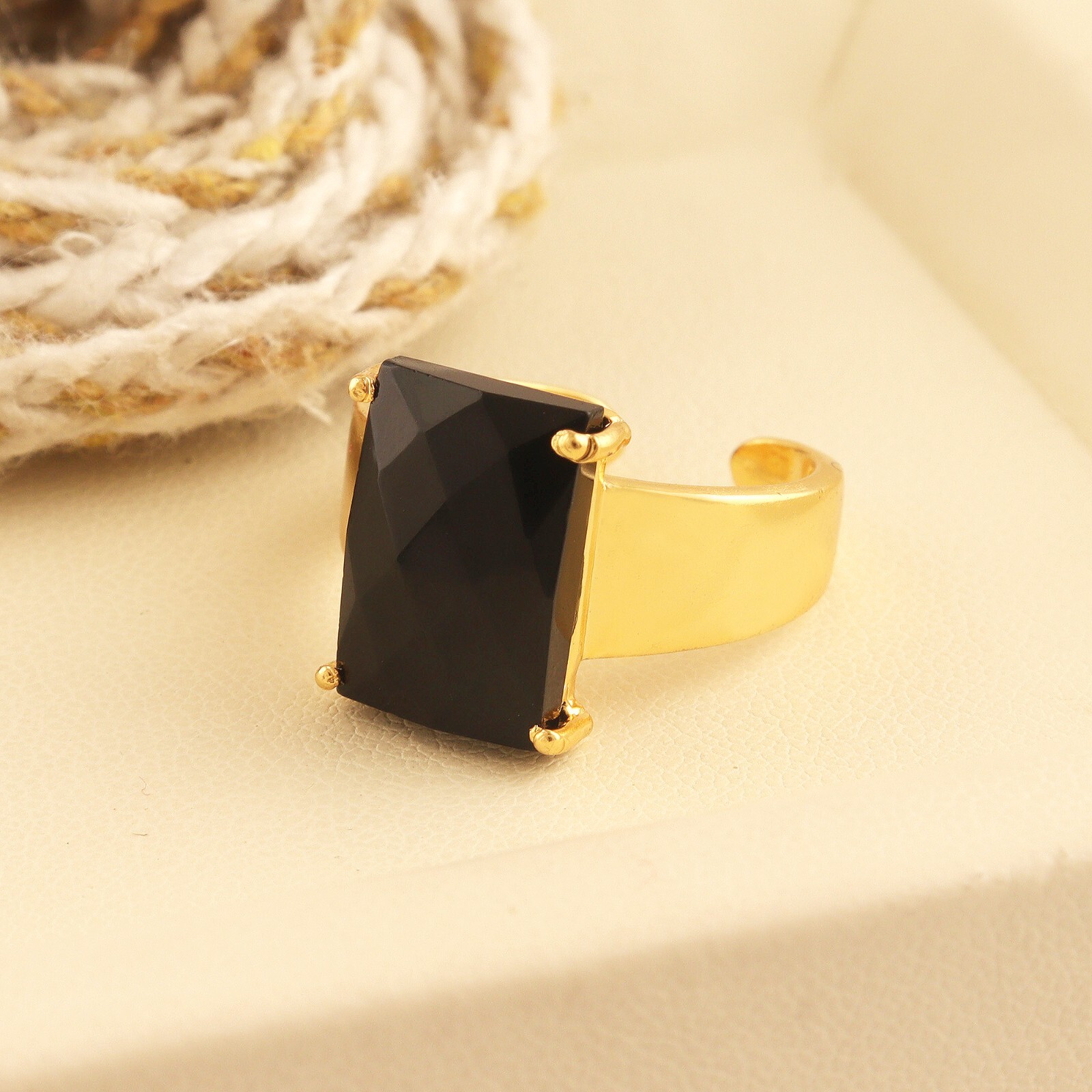 Good Quality Black Onyx Ring Gold Plated Prong Set Adjustable Onyx Ring Jewelry