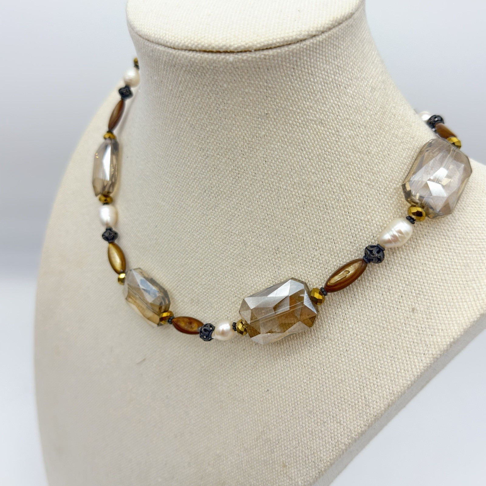 Vtg Sterling Silver Pearl Crystal Necklace Signed Donna Dresler Statement