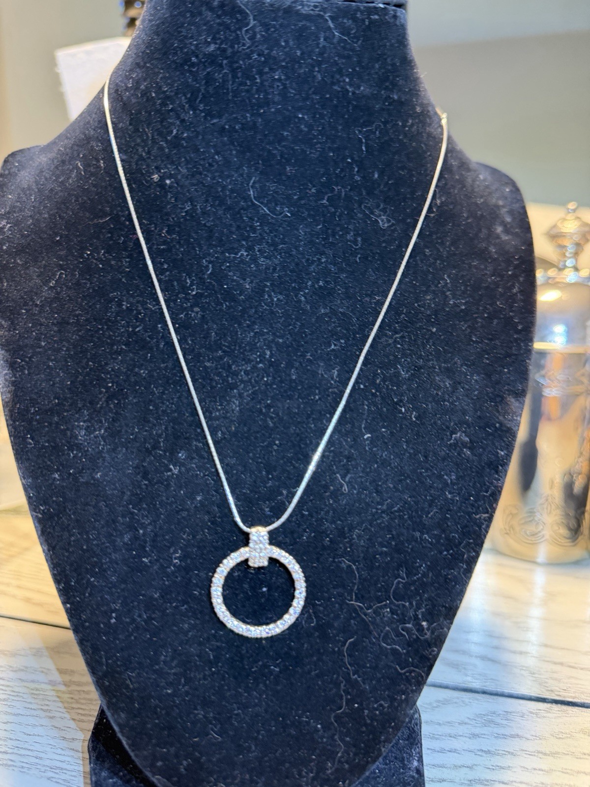 Sterling Silver 925 Box Chain Necklace w/ Pavé Circle White CZ Pendant Italy