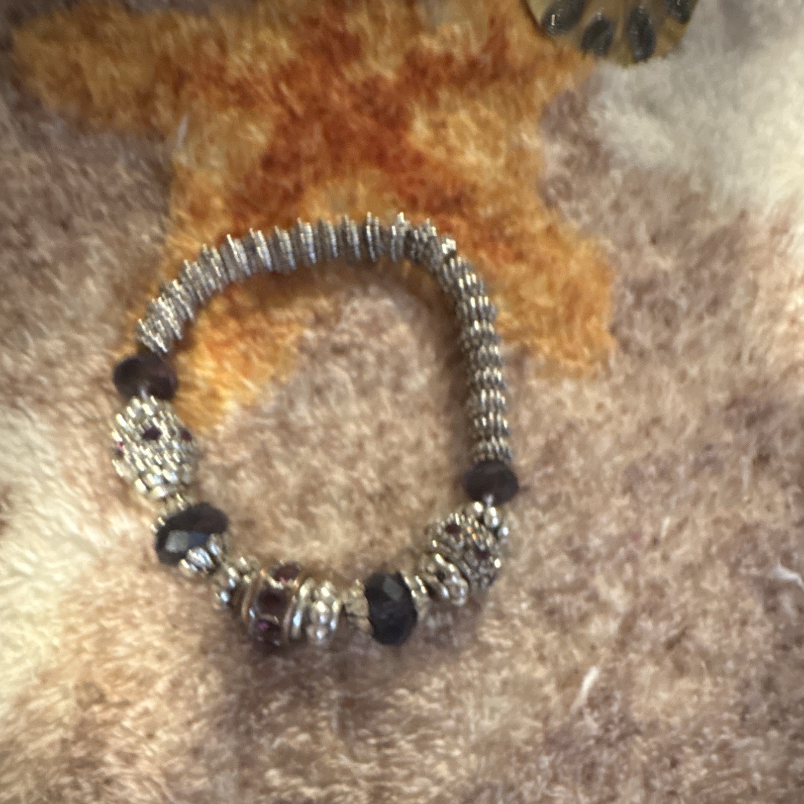 Silver Tone Stretch Beaded Charm Bracelet, Purple Black Crystal Rondelle Beads