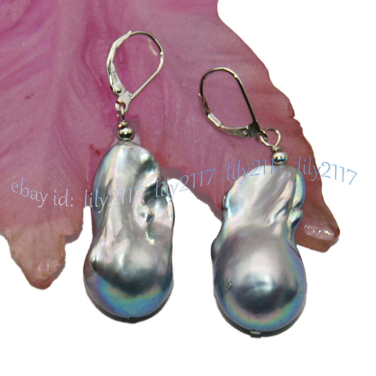 16-29MM NATURAL SILVER GRAY BAROQUE KESHI PEARL DANGLE 14K WHITE GOLD EARRINGS