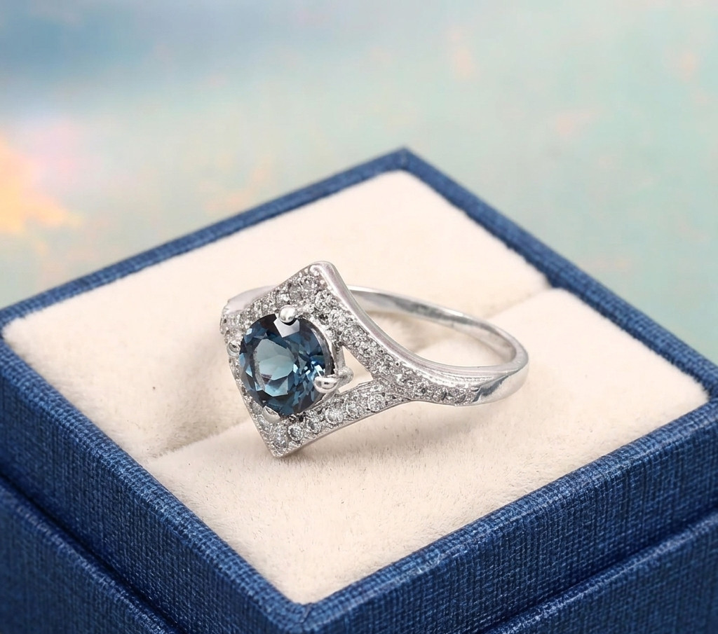 Art Deco London Blue Topaz Kite Ring, Sterling Silver Geometric Halo Engagement