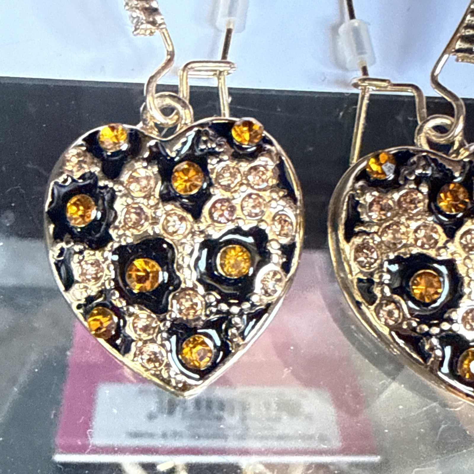 Betsey Johnson Gold Tone Leopard Heart Drop Earrings Crystal Accents NWT