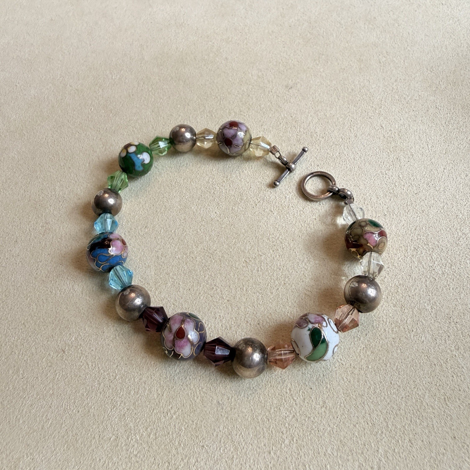 Vintage Cloisonne Bead Bracelet 925 Sterling Silver Toggle Floral Enamel 6.5”