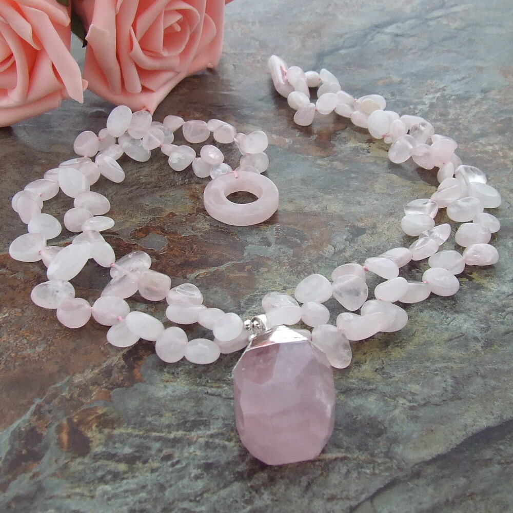 18″ 2 Strands natural Rose Quartz Necklace Rose Quartz Pendant