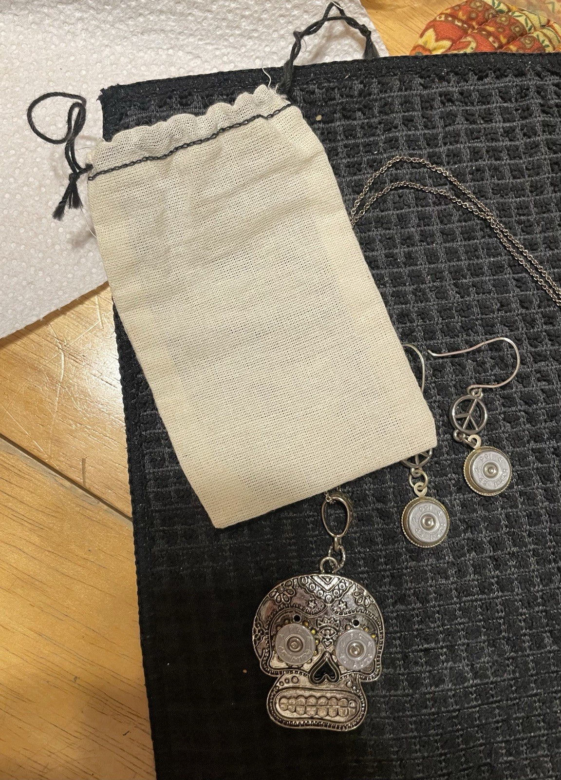 Unique Silver Necklace And Matching Earrings Skeleton, Peace Signs And Bullets