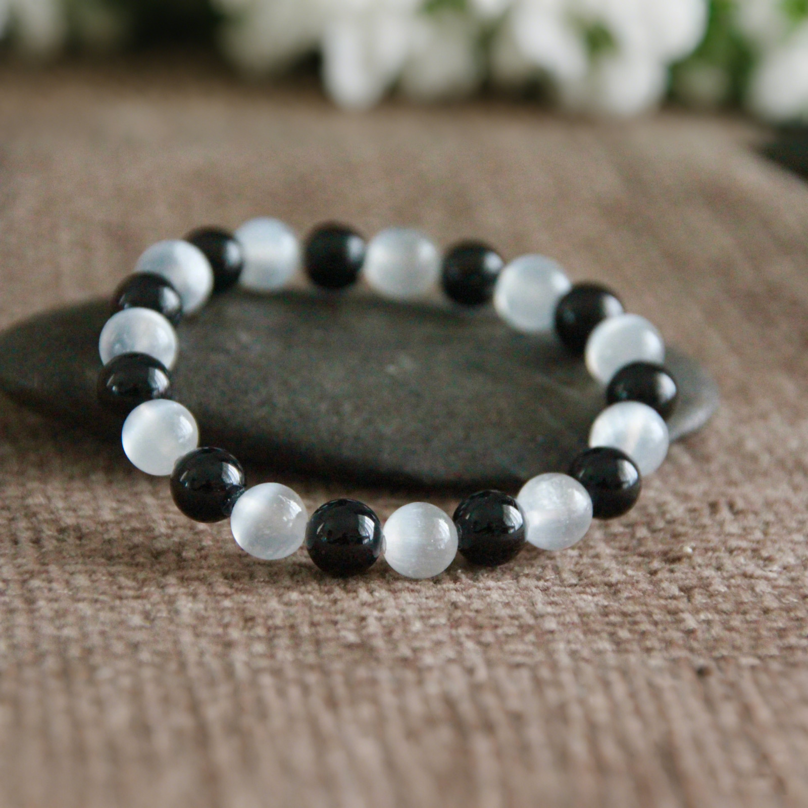 Natural Black Tourmaline Selenite 8mm Beads Healing Reiki Protection Bracelet