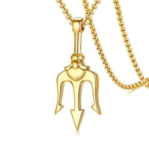 Gold Poseidon Trident Pendant Necklace For Men Punk Rock Jewelry Box Chain 24″