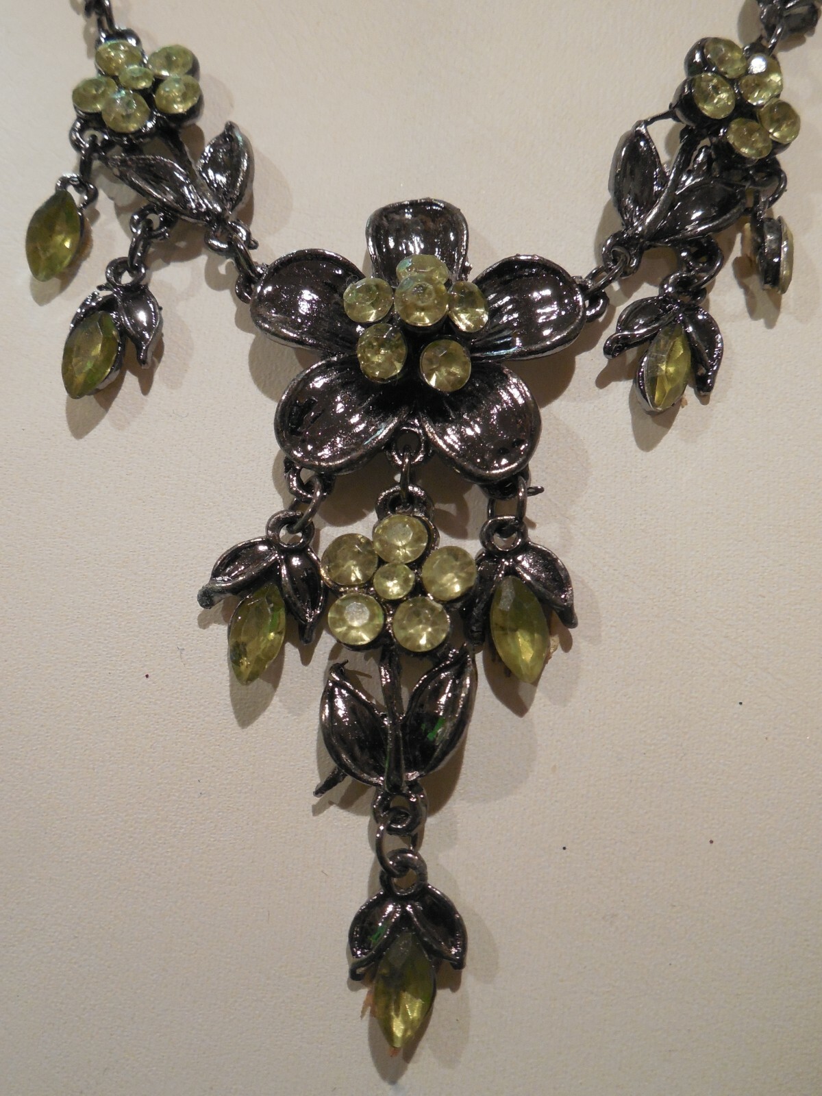 Ion Plated Black Stainless Steel Lime Rhinestone Floral Marquise Necklace Set