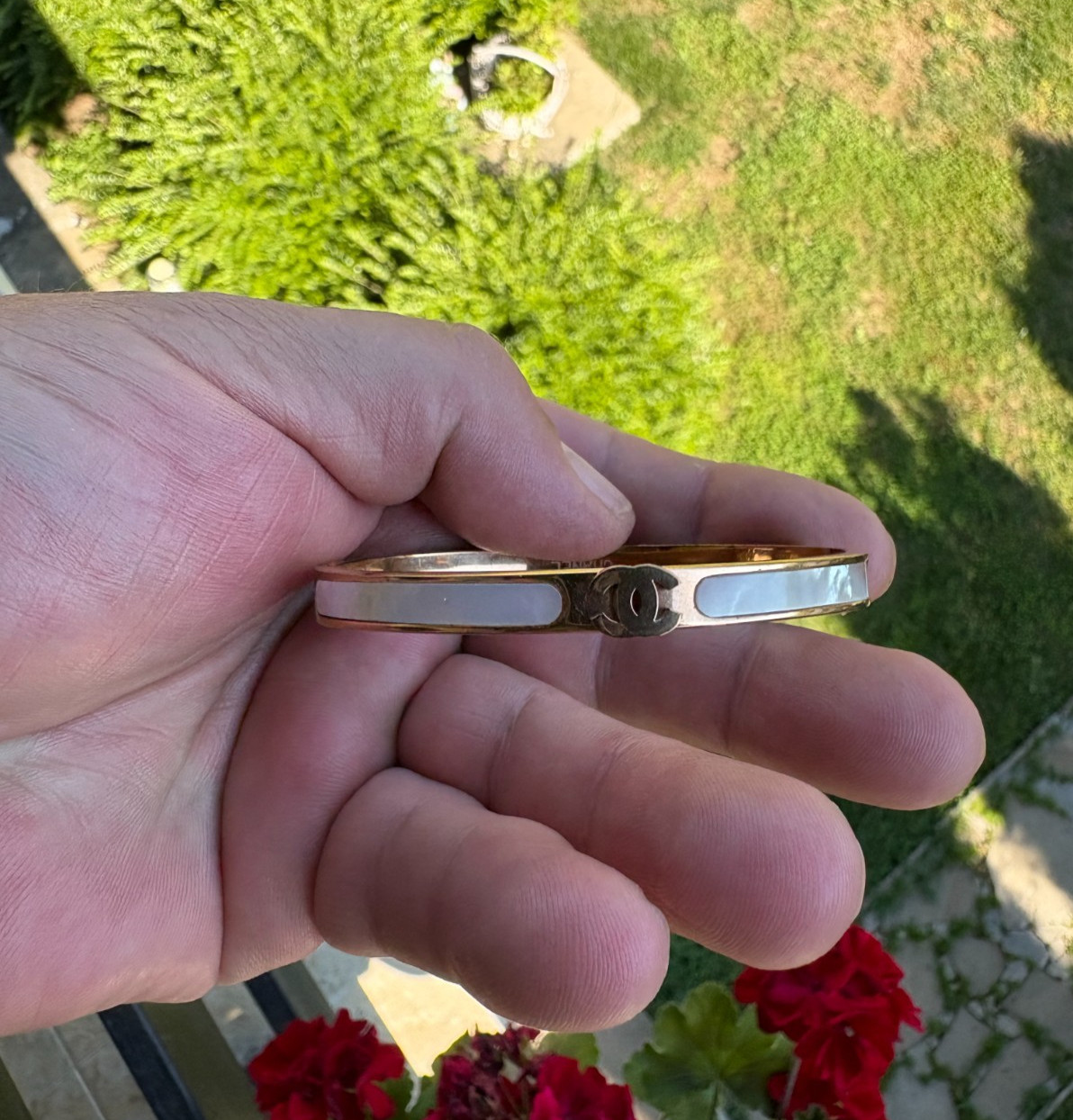 CHANEL CC Mother of Pearl Bangle Bracelet Gold Tone Hinged Cuff