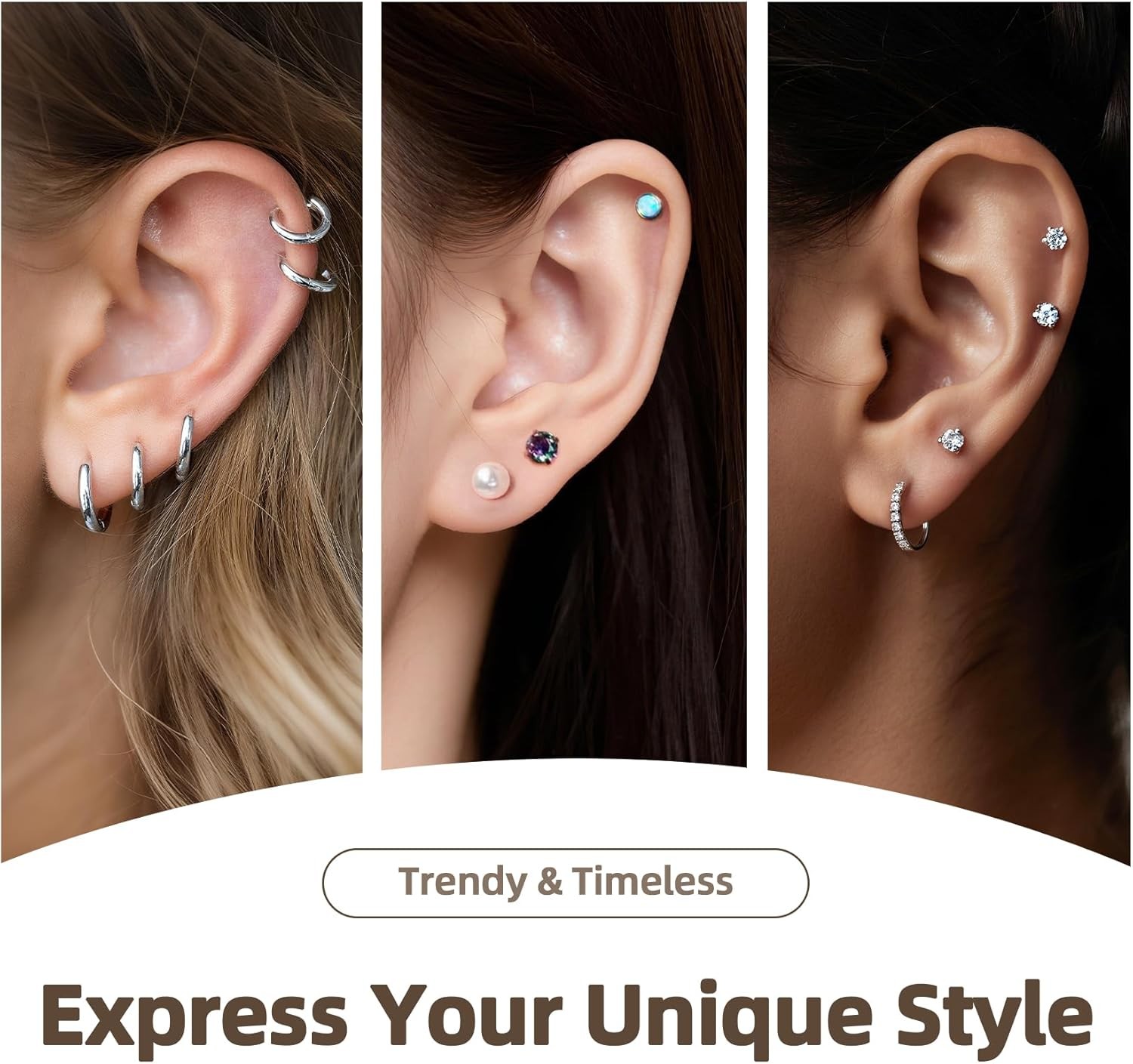 10 Pairs Stainless Steel CZ Stud Earrings 20G Cartilage 8mm 10mm Hoop Set Unisex