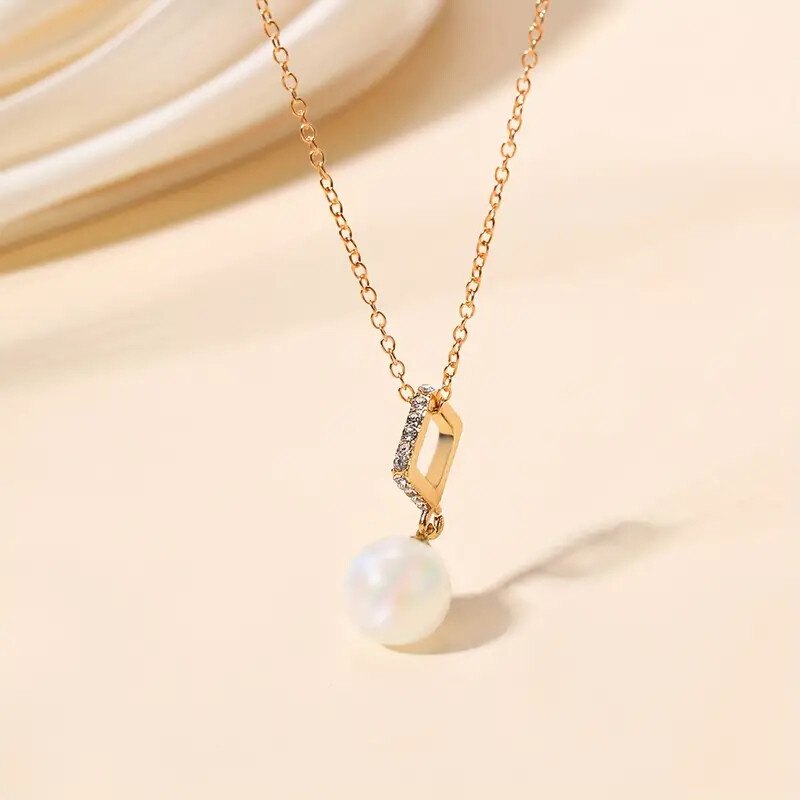 Imitation Pearl Square Pendant, Rhinestones Inlaid Zinc Alloy Necklace