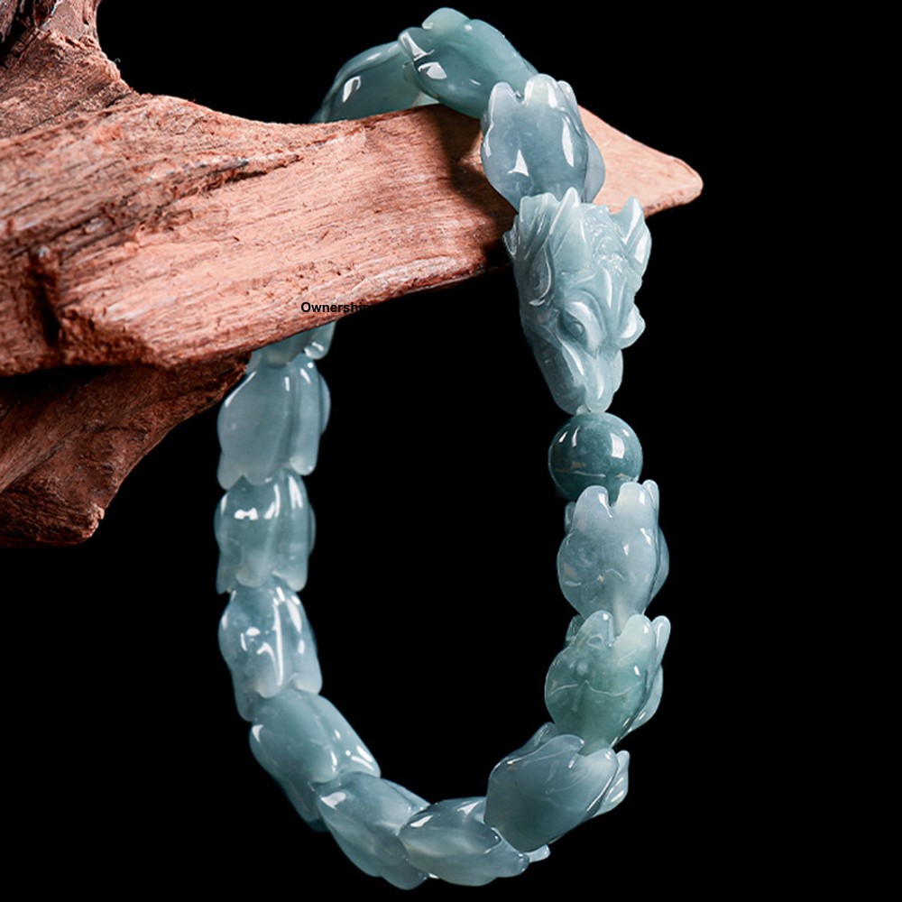 Natural Grade A Jadeite ICY Blue Jade Dragon Shape Bead Elastic Bracelet UNIQUE