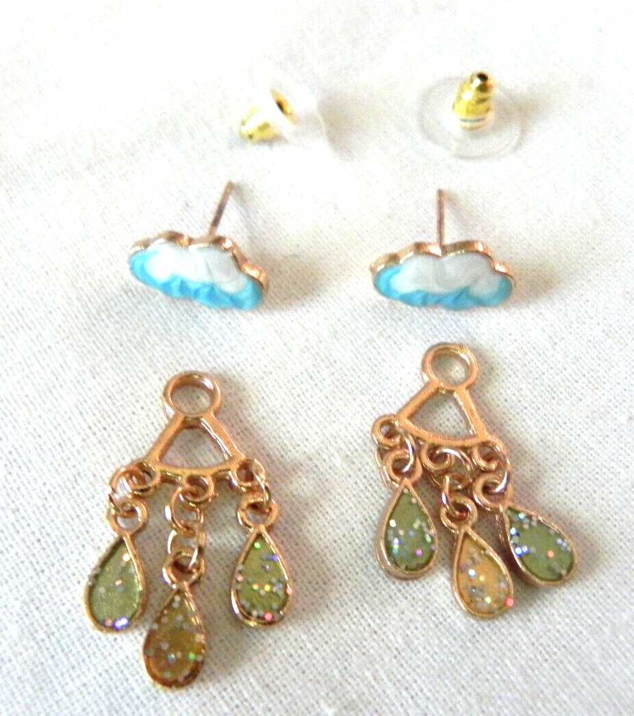 Rain Cloud with raindrops Enamel Stud Earrings Gold tone back front raincloud