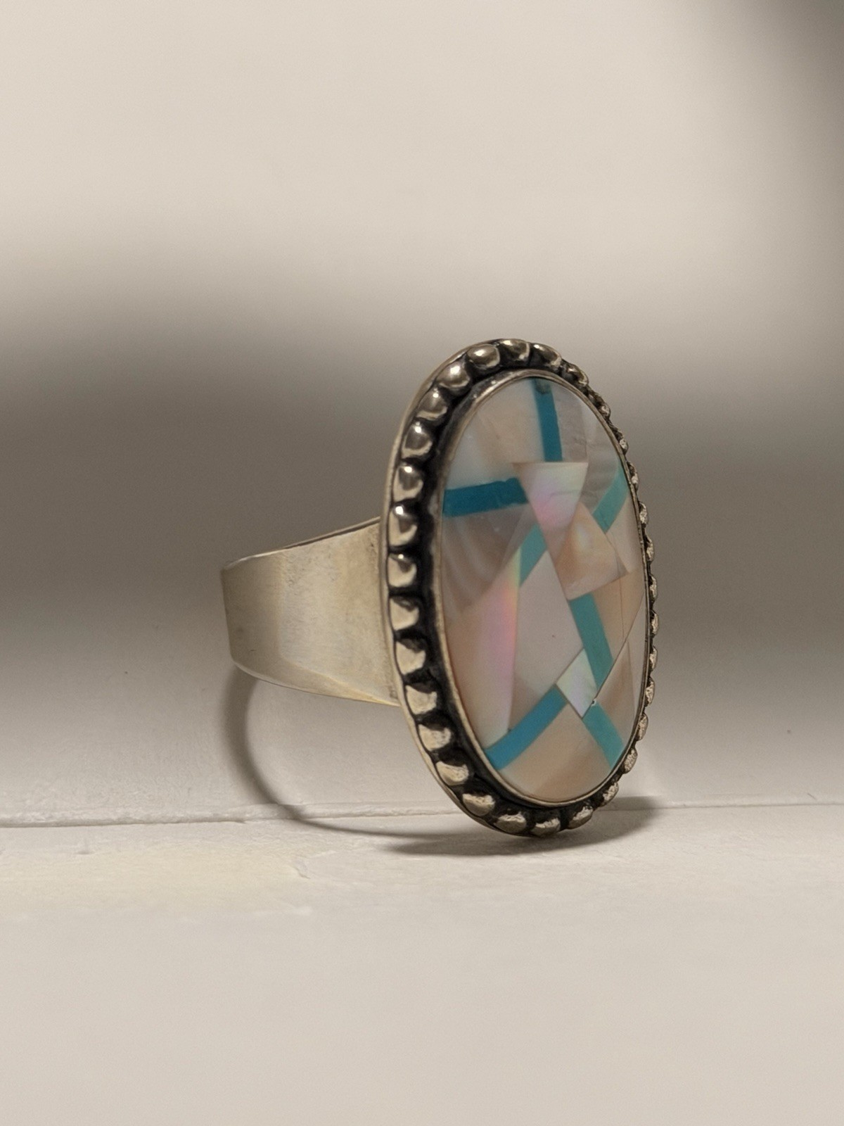 Sincerely Southwest 925 Sterling Silver Oval Mother of Pearl Bezel Ring 10 NEW