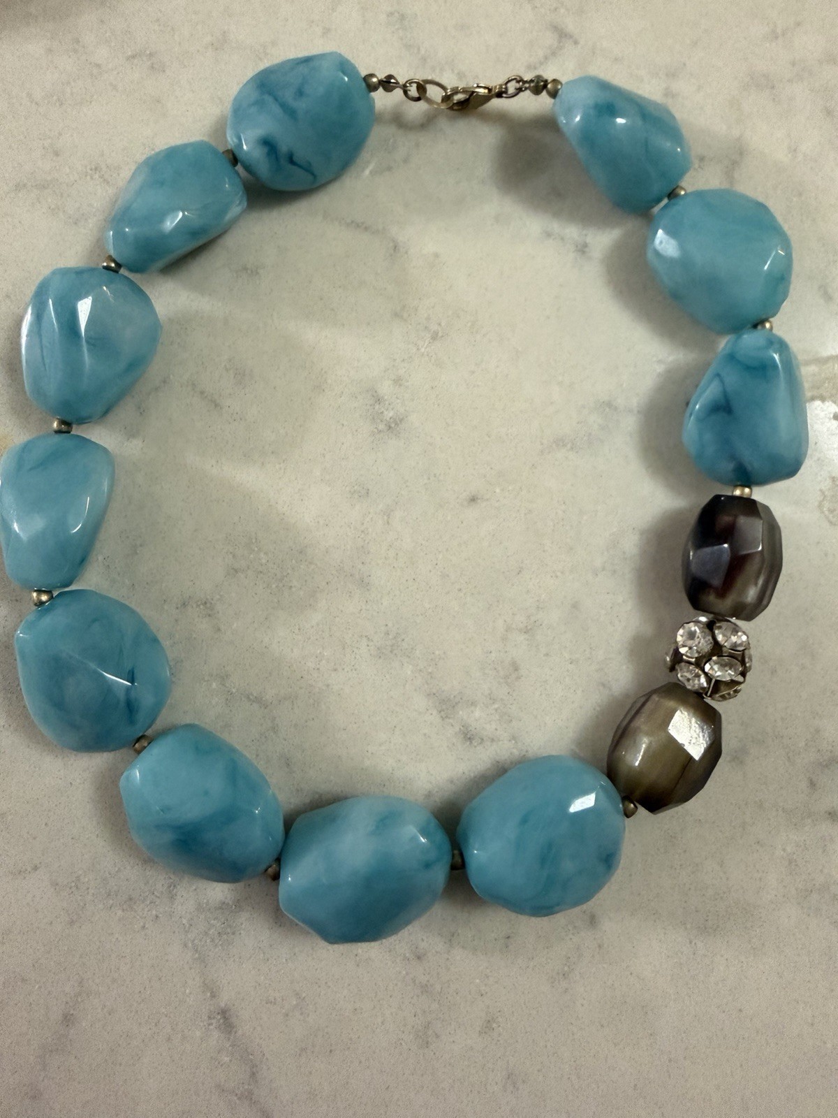 Chunky Turquoise Blue Marbled bead Statement Necklace Rhinestone Accent Boho