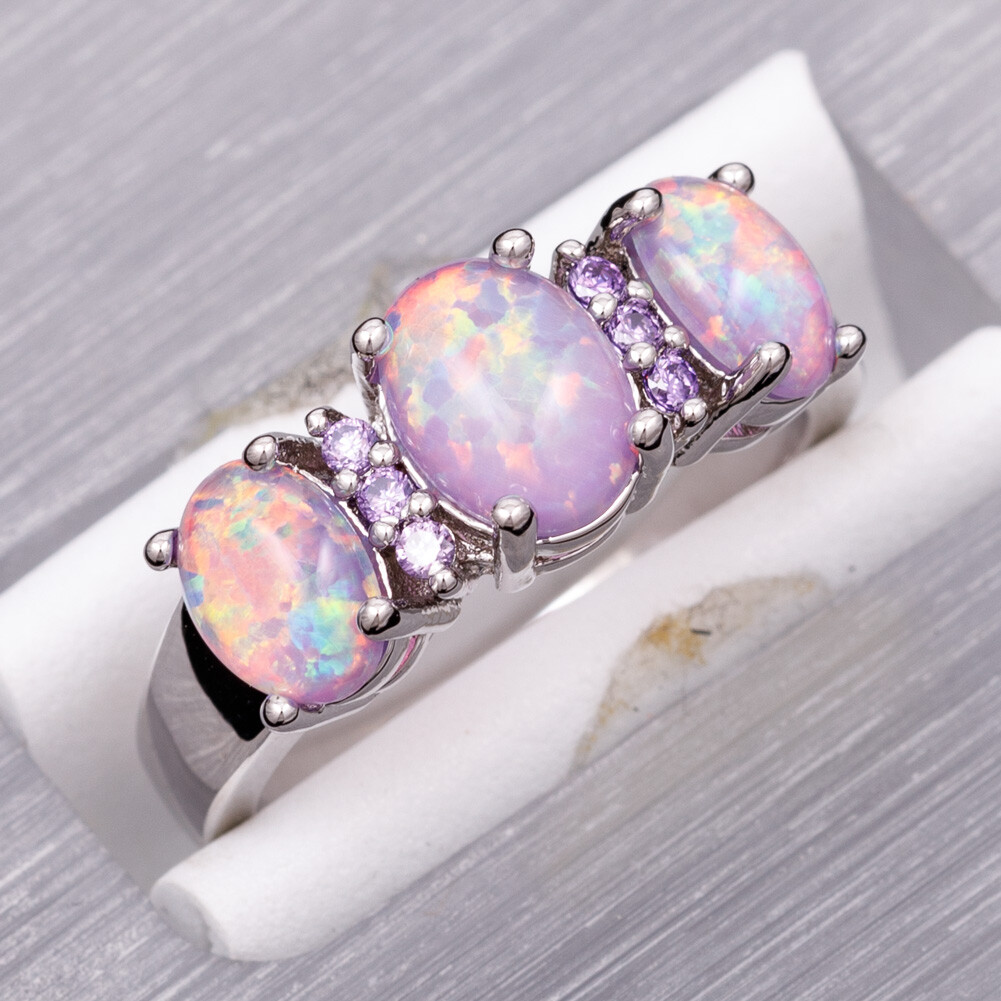 3 Lavender Purple Fire Opal Cabochon CZ Silver Jewelry Women Ring Size 6 7 8 9