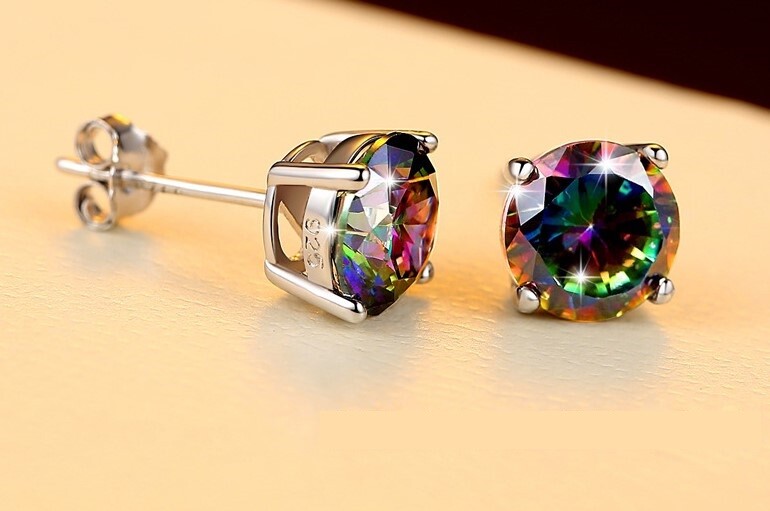 6mm Silver Square Round Mystic Fire Rainbow Topaz Princess CZ Stud Earrings PE22