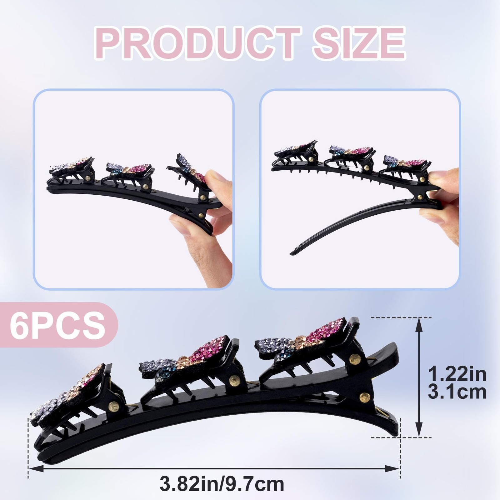 6pcs Butterfly Duckbill Braided Clips, Sparkling Rhinestone Hair Clips for Wo…