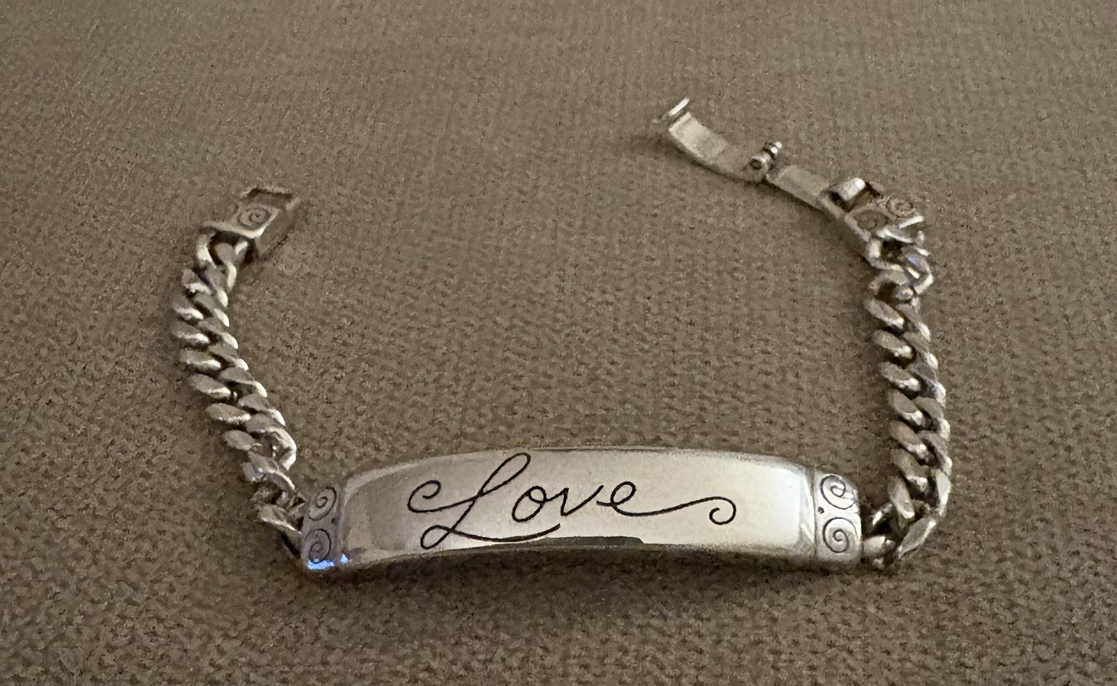 Brighton Love ID Bracelet Silver Tone Curb Chain Scroll Bar 7”