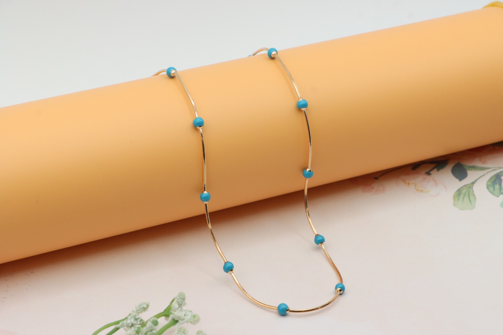 Rose Gold Chain Necklace with Blue Beads Elegant Style, XPNL0256