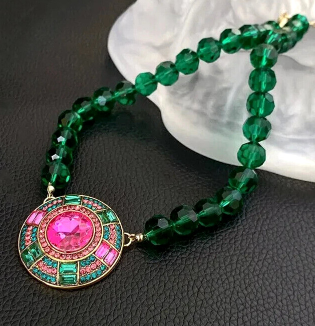 Vibrant Green Pink JEWEL Rhinestone Bead Betsey Johnson Necklace Earrings SET
